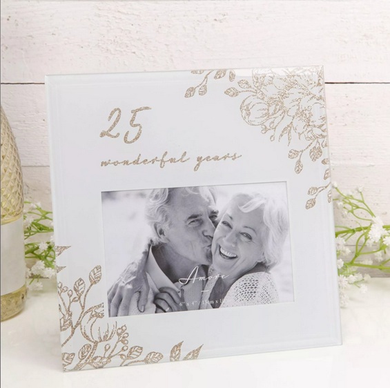 25 Wonderful Years Pale Grey Glass Gold Floral Frame 6 x 4