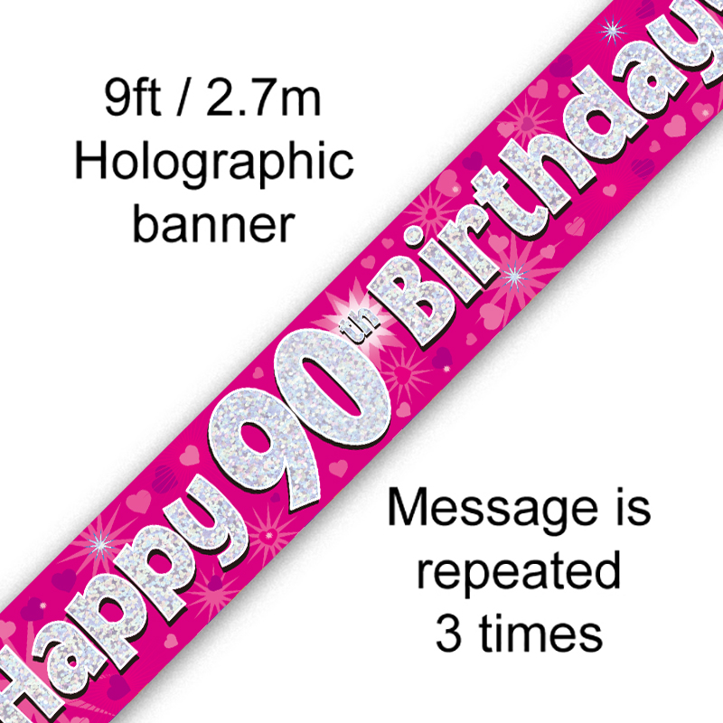 9ft Banner Happy 90th Birthday Pink