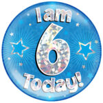 Jumbo Badge I am 6 Today Blue