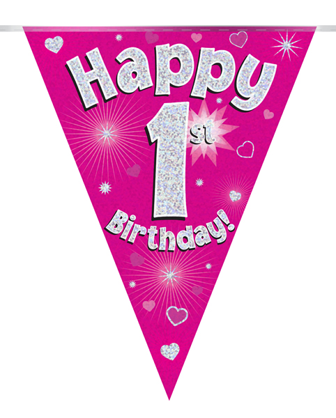 Party Bunting Happy 1st Birthday Pink Holographic