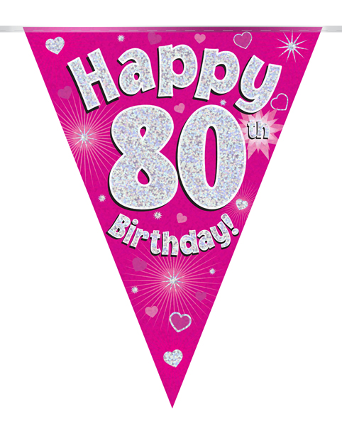 Party Bunting Happy 80th Birthday Pink Holographic